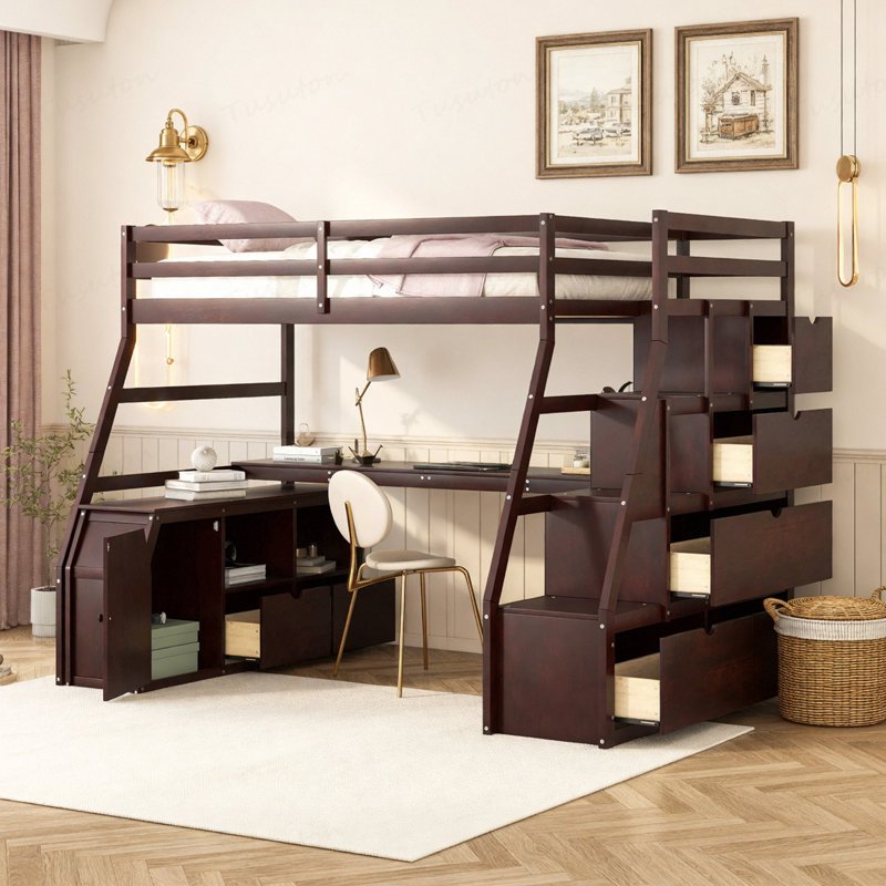Lit mezzanine simple avec 7 tiroirs, 2 tablettes et un bureau, Espresso