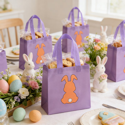 12 Pieces of Easter Gift Bags And Decorated With Rabbits Patterns And Holiday Decorative Bags And Available In 6 Colors