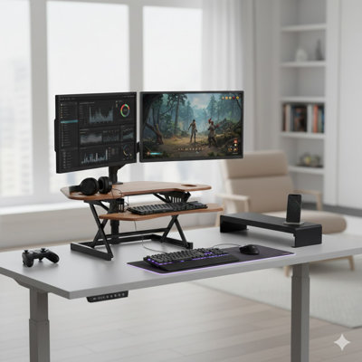  46 in. Beige Height Adjustable Corner Standing Desk Converter with Anti Fatigue Mat and Dual Monitor Platform