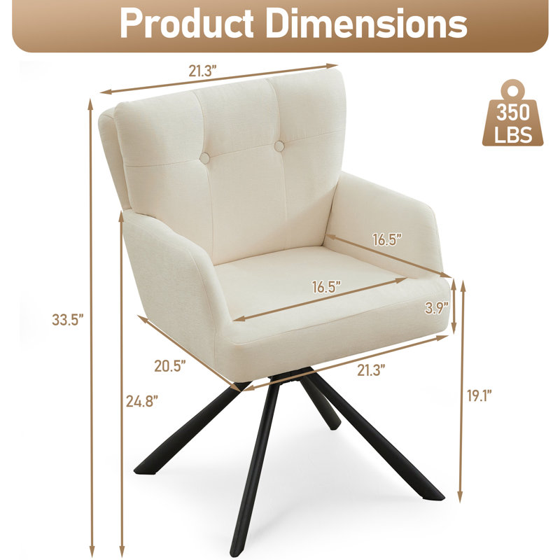 Modern Upholstered Swivel Armchairs with Tufted Back, Metal Legs, White Chenille