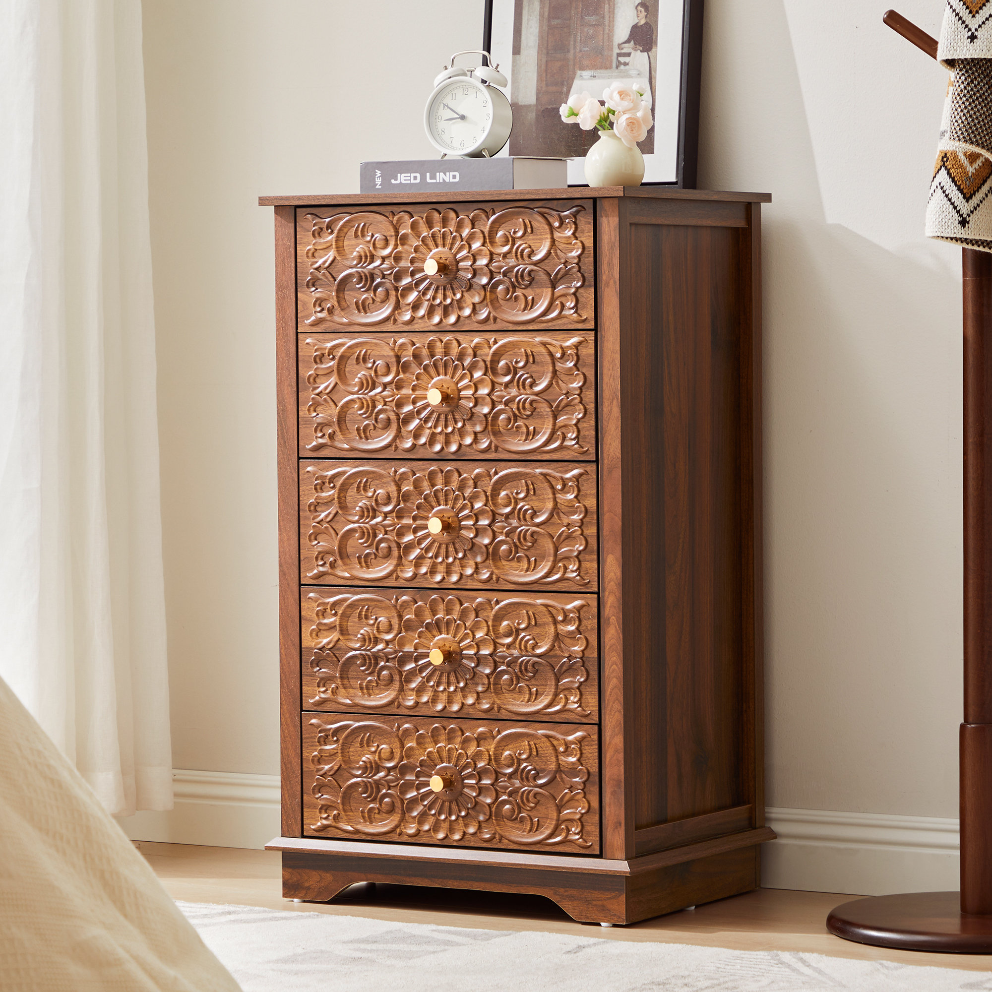 20.07'' W 5 - Drawer Embossed Dresser - Walnut