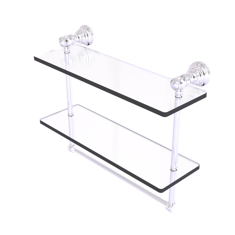 Freyja 2 Piece Glass Tiered Shelf with Towel Bar, 5.54" H x 16" W x 9.5" D, Satin Chrome