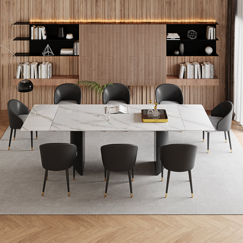 9 - Piece Dining Table Set With 63'' To 94.5'' Extendable Sintered Stone Dining Table With 8 Upholstered Fuax Leather Chairs