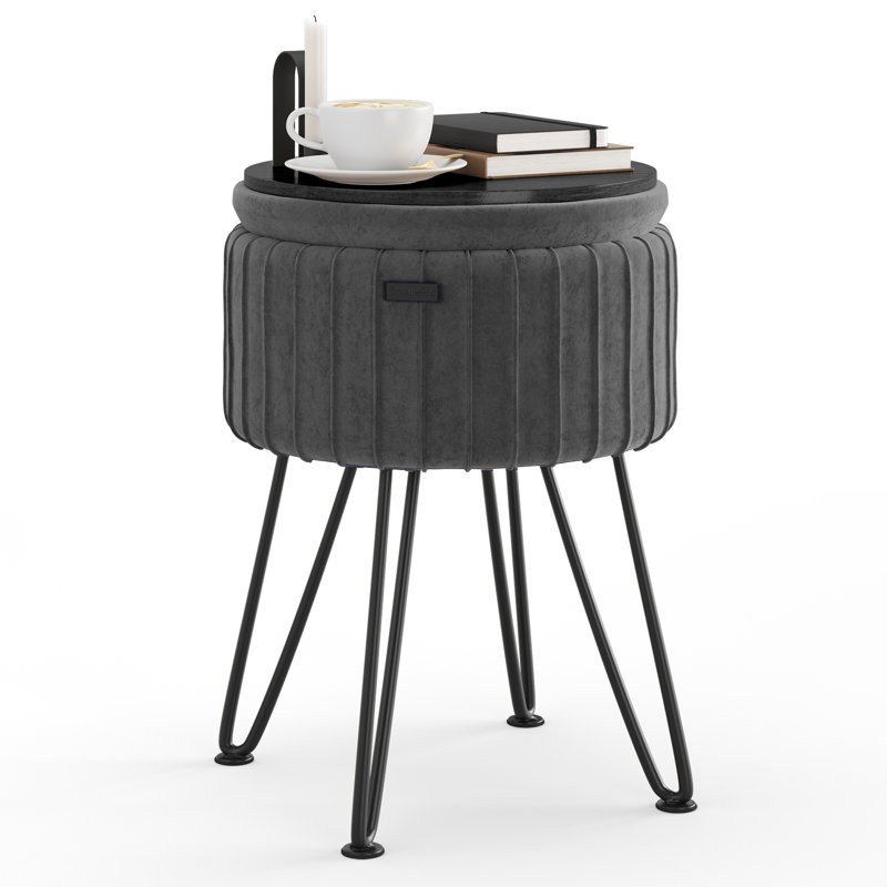 Repose-pieds rond en velours plissé avec rangement, Gris, Noir, noir, noir, noir