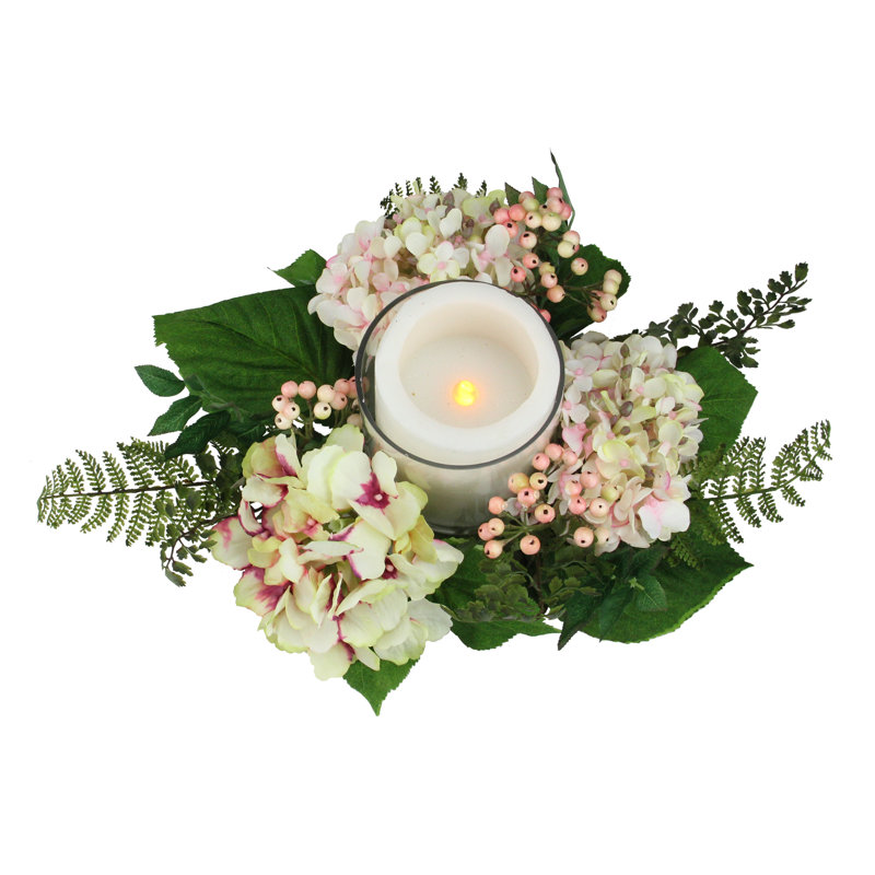 16" Decorative Artificial Hydrangea and Berry Hurricane Glass Candle Holder, Pink/Green