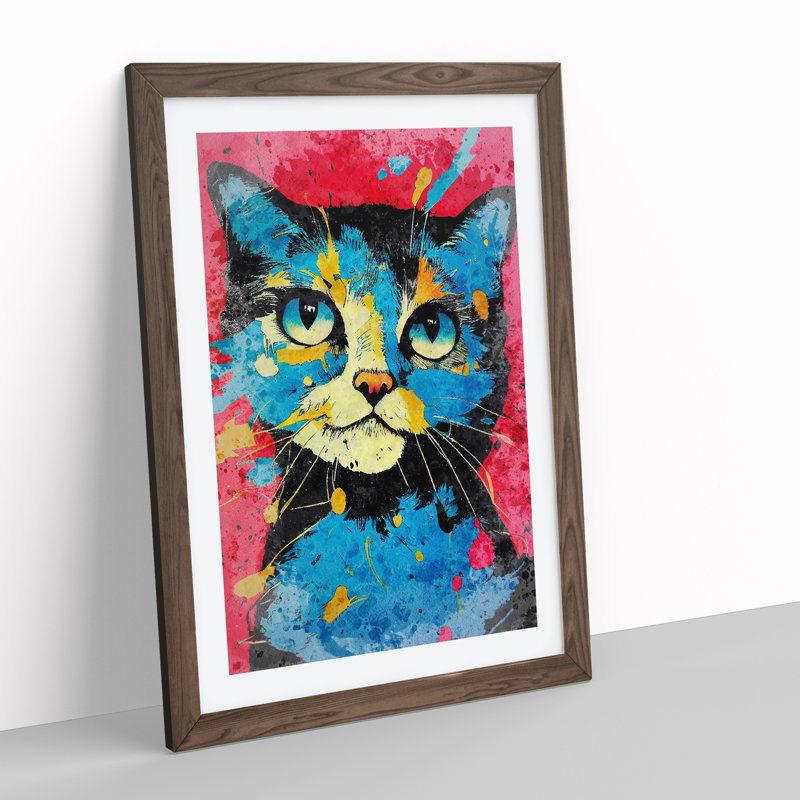 Paint Splat Cat No.5 - Framed Print, 64cm H x 46cm W x 2cm D, Walnut