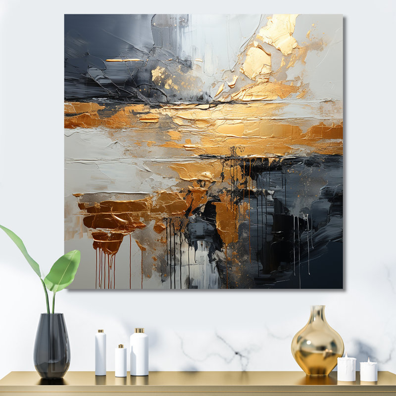Or et gris, formes liquides modernes I - décoration murale abstraite, Toile tendue, H 36 po x l 36 po x P 1,5 po