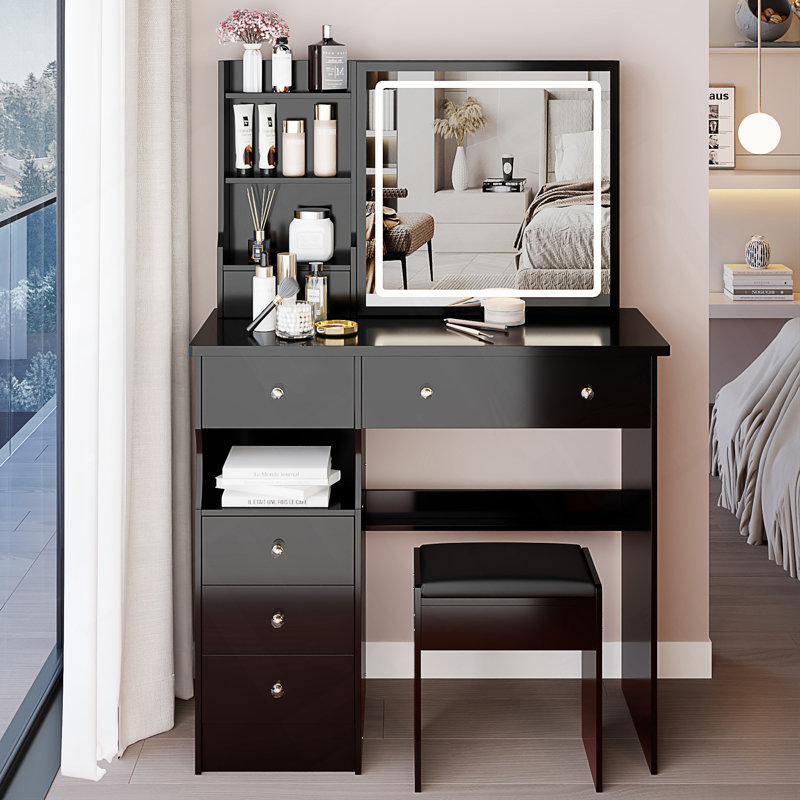 37 Inch Middle Size Left Drawer Vanity Table With Cushioned Stool, Tri-Color LED Mirror, Sliding Design, High Storage Capacity, Perfect For Large Spaces
