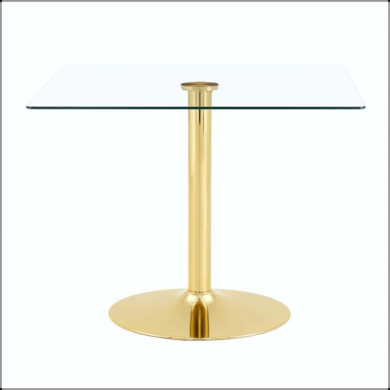 Table de salle à manger carrée en verre avec base en métal à colonne unique, Transparent / doré