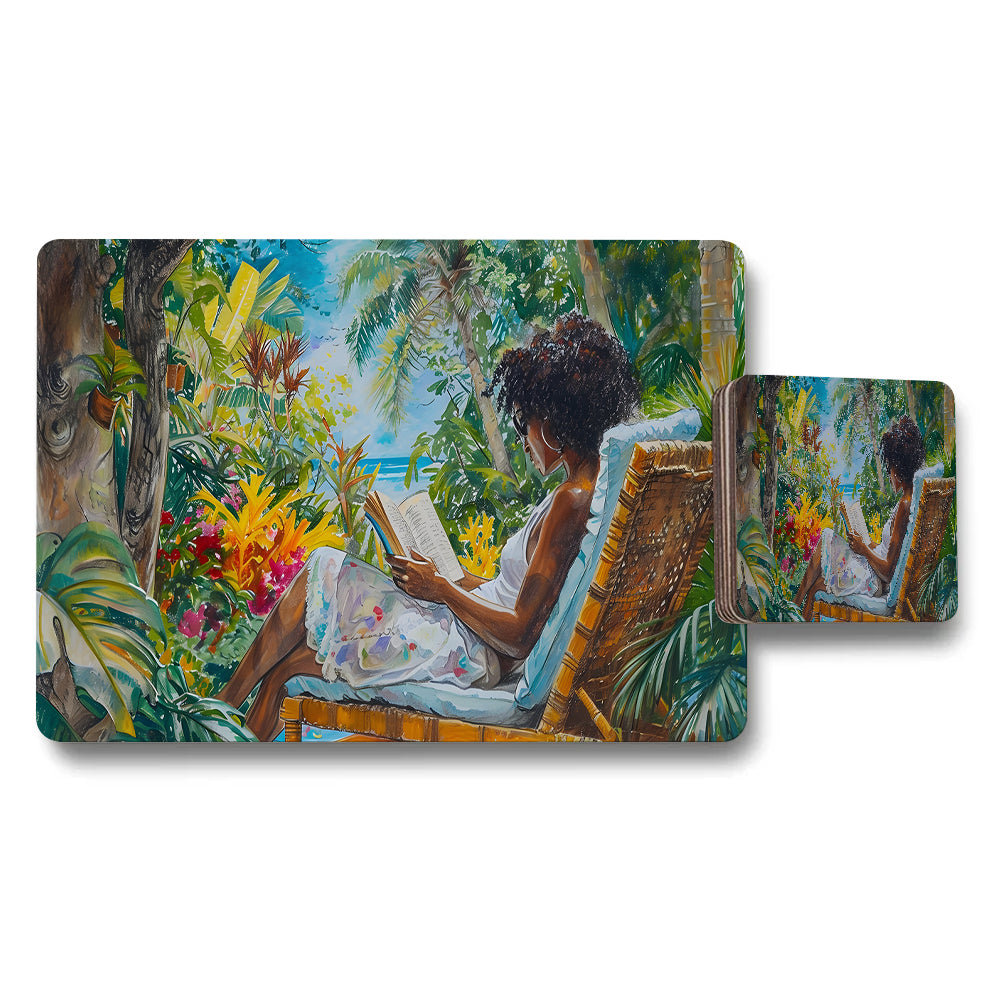Tropical Garden Reading Woman Placemat Coaster Set