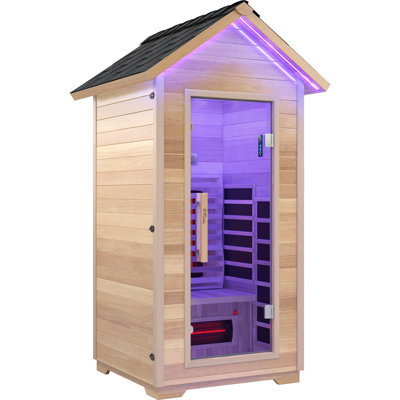 Sauna infrarouge d'extérieur en cèdre rouge et pruche pour 1 personne avec lumières colorées en étoile et contrôleur tactile