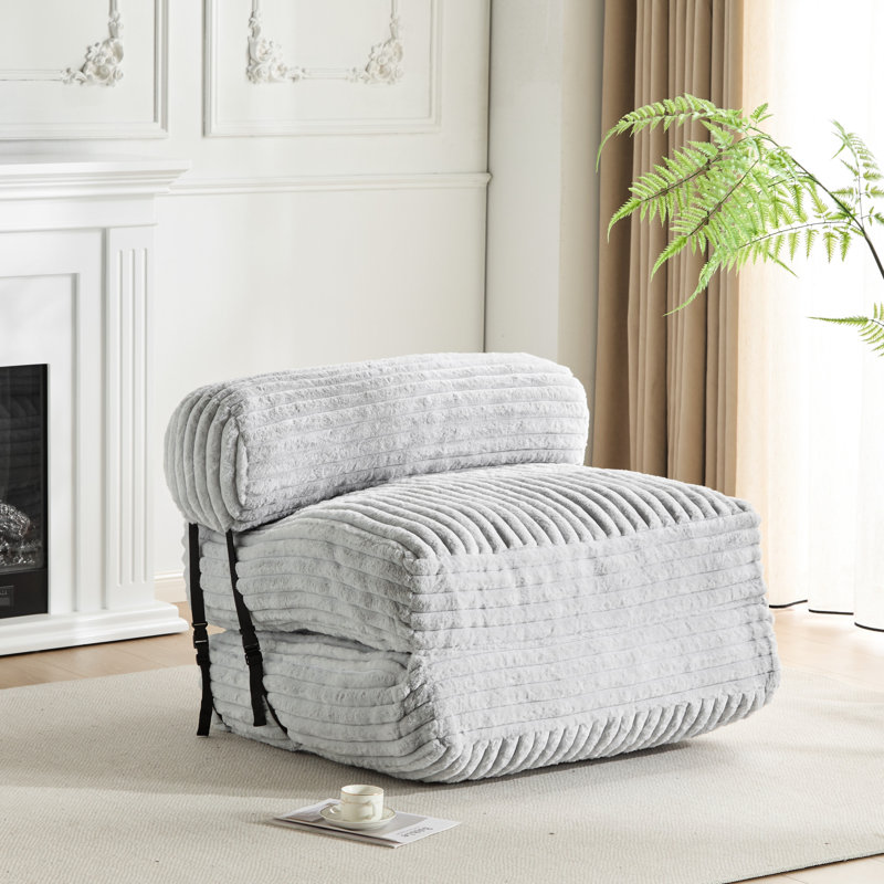 Pouf convertible de 37 po en fausse fourrure gris clair, 2 en 1, pliable et se dépliant en lit de sol, garni de mousse déchiquetée avec coussin cervical, aucun assemblage requis