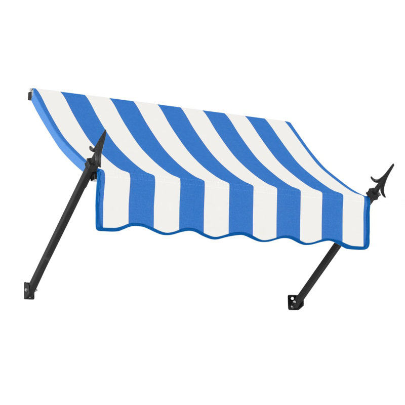 Awntech New Orleans Acrylic Fabric Fixed Awning with Iron Spear Arms, 24" H x 76.5" W x 16" D, Bright Blue/White Stripe