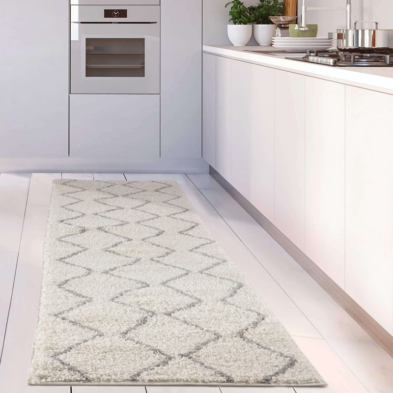 Moroccan Shaggy Collection Rugs Boho Design in Ivory/Grey, Runner 80 x 300cm