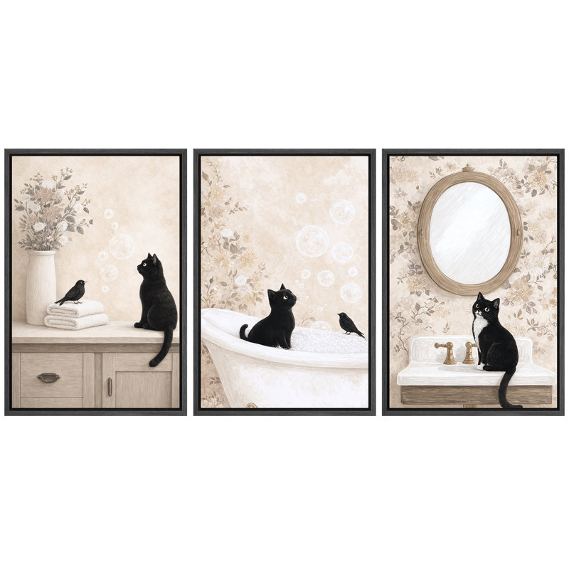 Art de chat fantaisiste, images de salle de bain et de coiffeuse, impression sur toile encadrée, 3 pièces, Cadre noir