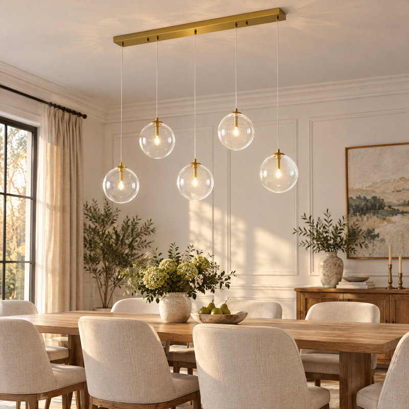 Lustre linéaire pour îlot de cuisine 5 lumières, Laiton brossé