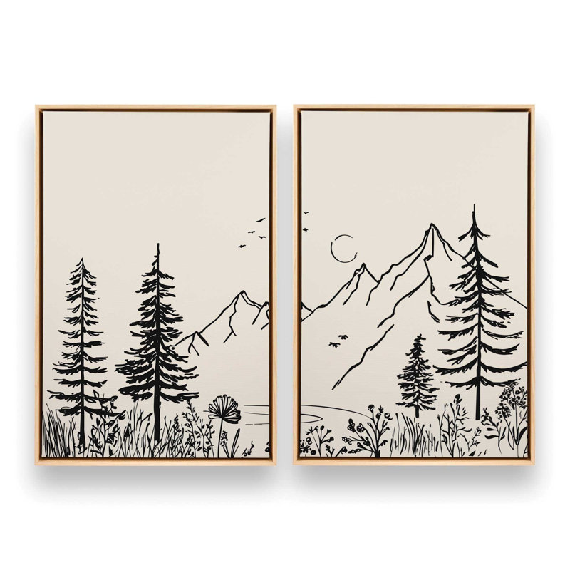 Whispering Peaks v4, ensemble de 2 impressions, 48 po x 32 po, Cadre flottant en érable américain