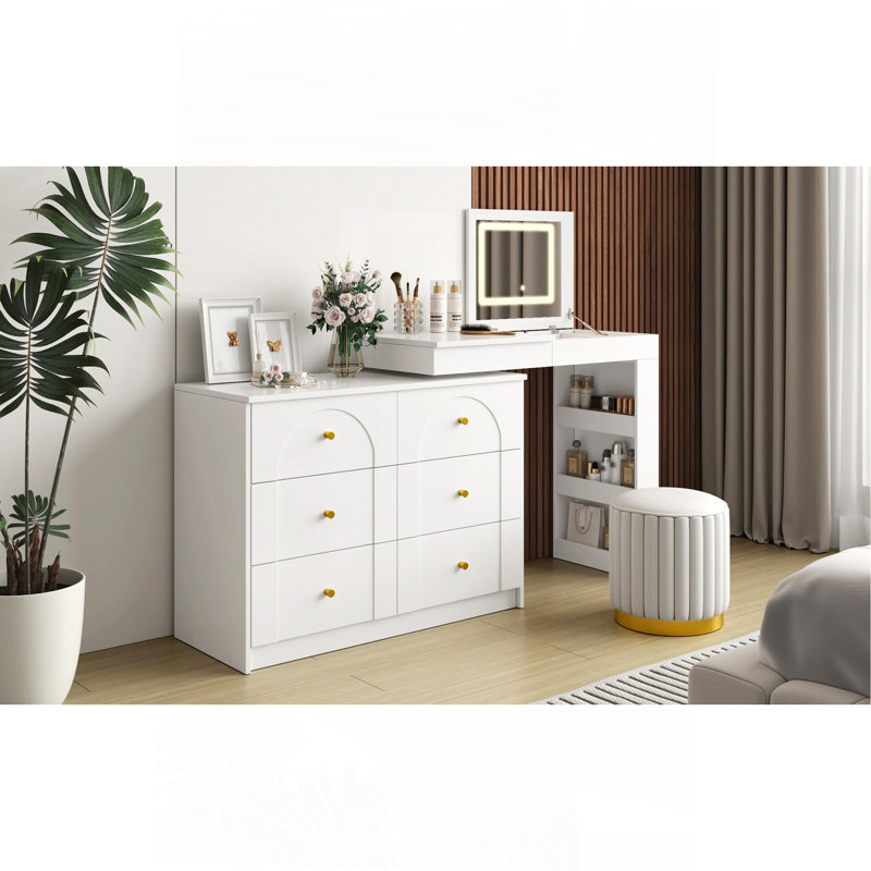 Bureau de meuble-lavabo avec miroir et lumières, coiffeuse avec plateau de table rabattable et rangement 7 tiroirs, 9 compartiments, 3 tablettes, 3 tables de maquillage à modes de couleurs réglables pour la chambre à coucher, blanc