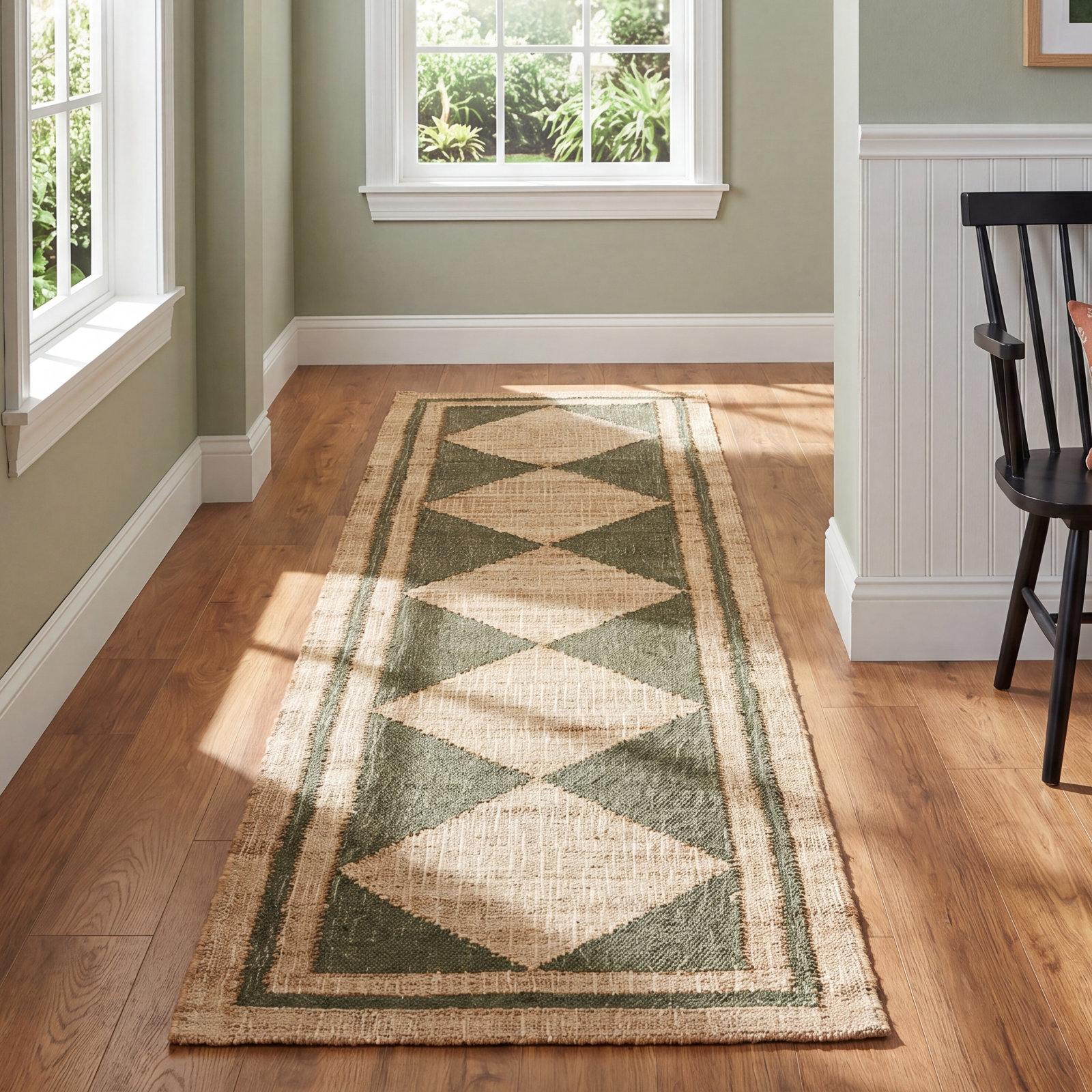 Orchard Green Hand-Woven Geometric Jute Rug, Runner 2'3" X 12'