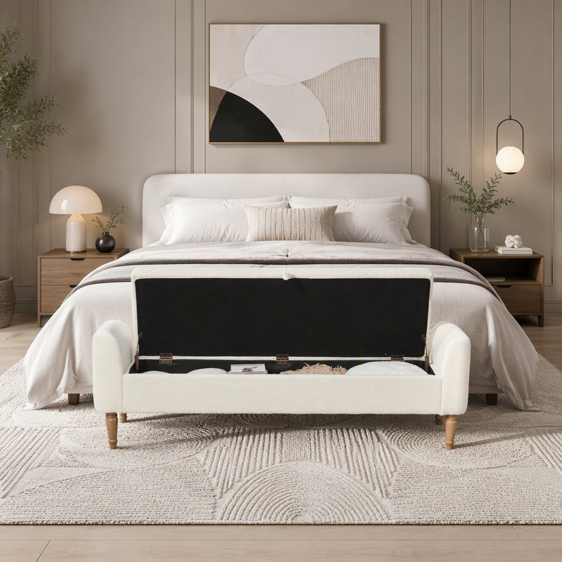 Banc de rangement rembourré en boucle avec accoudoirs et coussins cylindriques, Ivoire ivoire