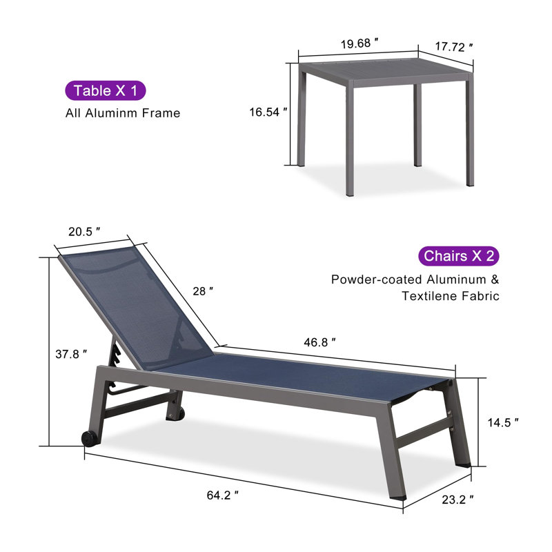 Chaise longue d'extérieur Ebern Designs avec roues faciles à déplacer par un cadre en aluminium gris clair pour la plage