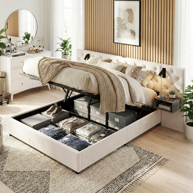All-in-One Beige Velvet Ottoman Bed With Integrated Nightstands, Reading Lights & USB-C Charging, UK & EU Double & King