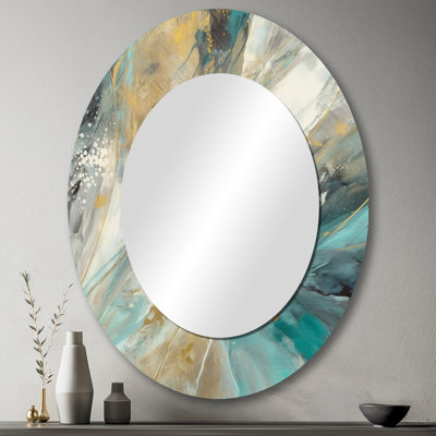 Turquoise Serendipity Abstract Painting I - Teal Oval Wall Mirror Decor