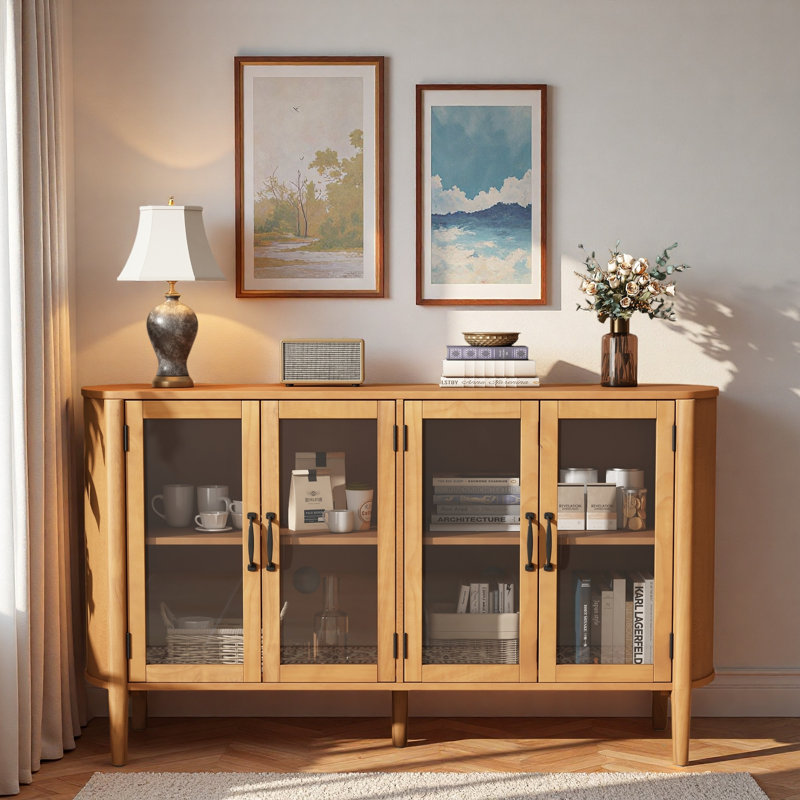 Buffet moderne avec portes en verre et tablettes réglables, Naturel
