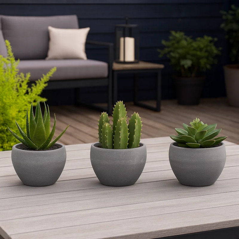 Ensemble de 3 plantes d'intérieur en soie artificielles, vert, ciment gris