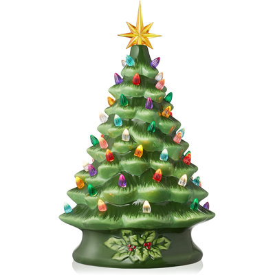 Hand Painted Ceramic Christmas Tree, Gold 15-Inch Pre-Lit Tree With 128 Multi Color Lights And 2 Star Toppers