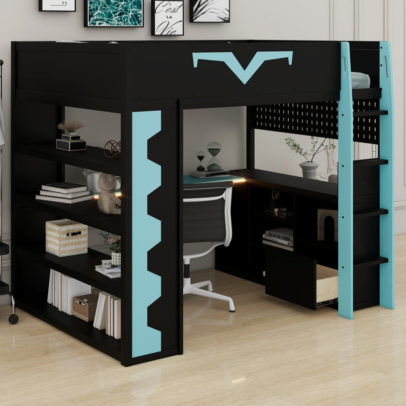 Gaming Loft Bed With Built-In Desk, RGB Lighting, Power Outlet And Storage Drawer, Blue
