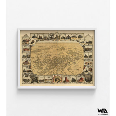 Fresno-California, impression panoramique de Fresno, Californie, carte antique de Californie, art mural de Fresno