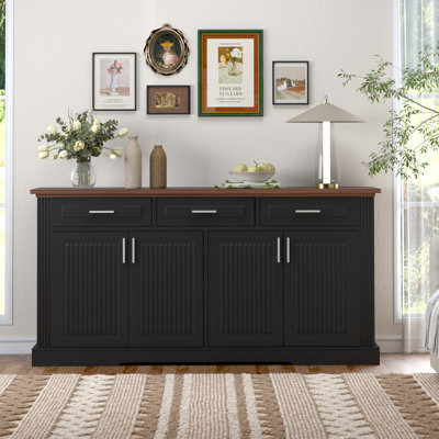 Buffet de style buffet cannelé de 63 po avec rangement, station de café moderne avec 4 portes et 3 tiroirs, console de rangement de cuisine en bois pour le salon, la salle à manger, noir
