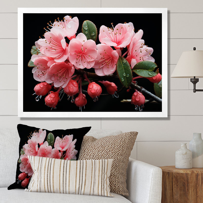 Cascade de fleurs roses suspendues - Fuschia, H 12 po x l 20 po x P 1 po, Cadre de coin blanc fermé