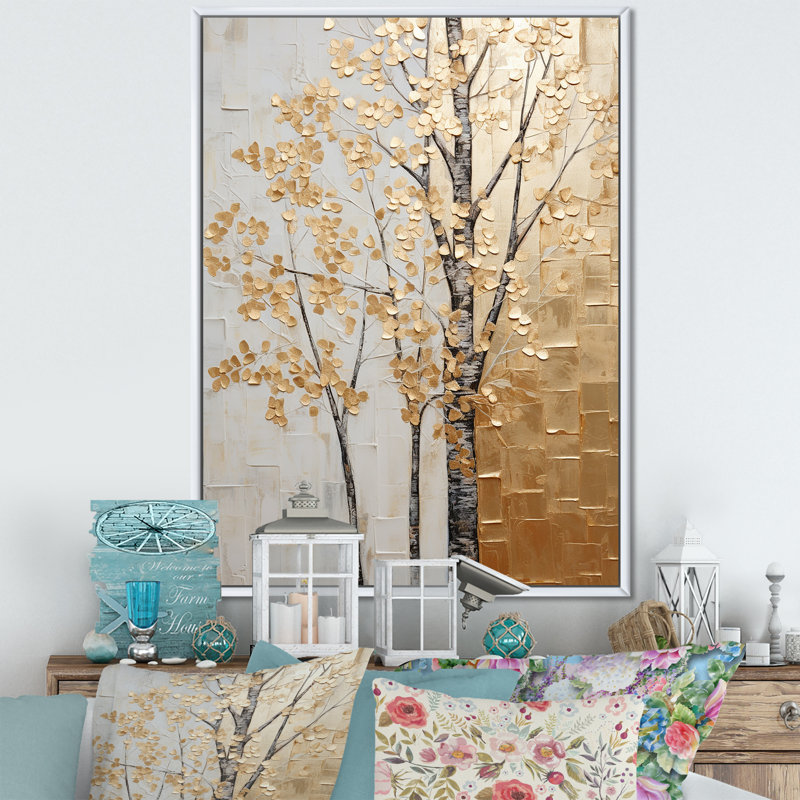 Minimalisme Golden Trees Harmony II - arbres, art mural, 40" H x 30" W, Cadre flottant blanc