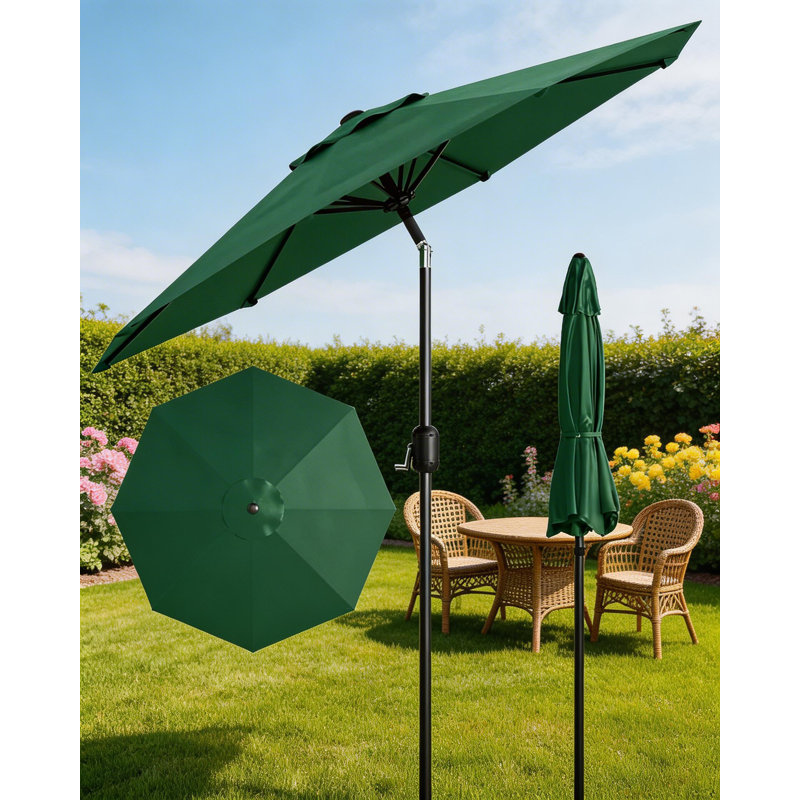 Parasol de patio extérieur de 9 pi avec manivelle et inclinaison à bouton-poussoir, protection UV imperméable, Vert