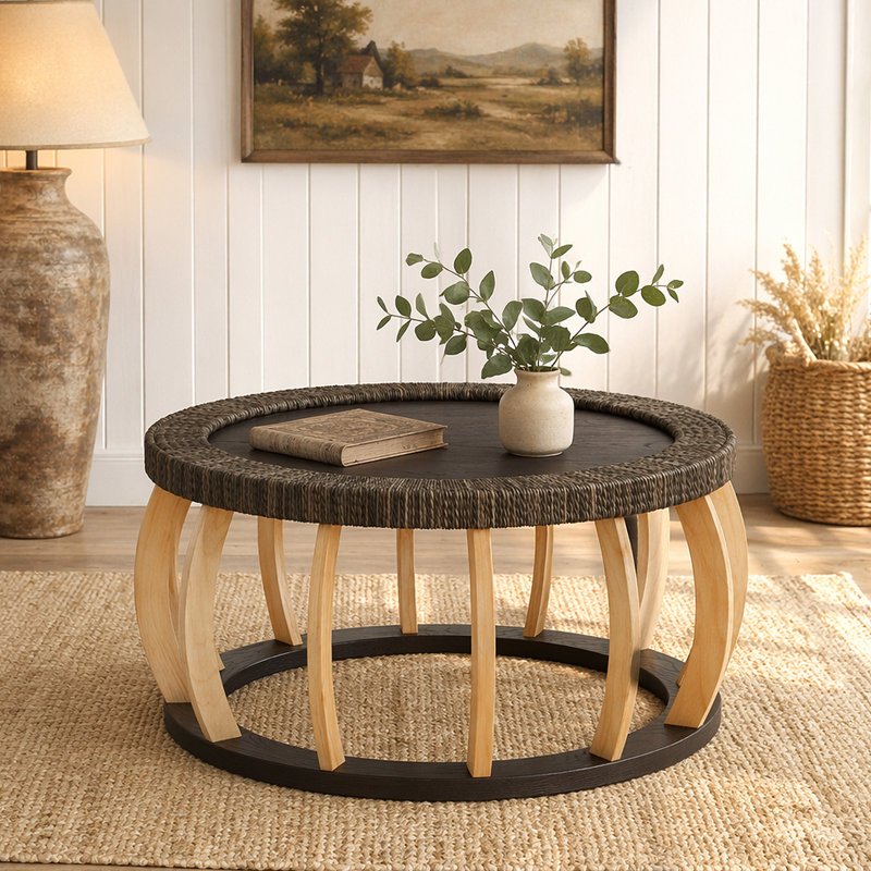 Table basse ronde ronde en bois massif de 35,43 po avec pieds courbés et table d'appoint Boho pour la salle à manger, la cuisine et le salon, brun noir