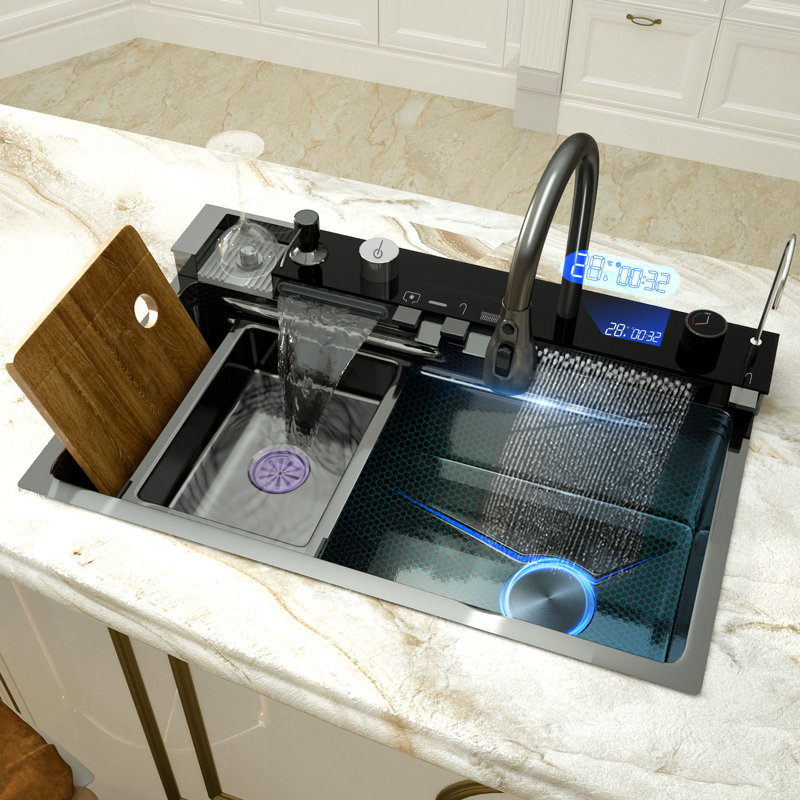Single Bowl Stainless Steel Kitchen Sink With Integrated Digital Display Waterfall Faucet Set Soap Dispenser Cup Washer Multifunctional Household Wash Basin Kitchen Available In Hotel Apartments