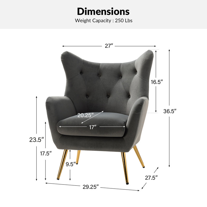 Fauteuil à oreilles 29,25 po Avianna, Velours gris