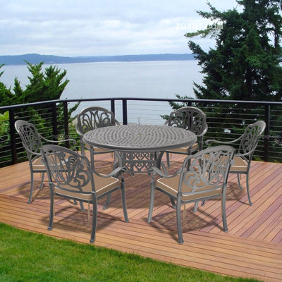Ensemble de 7 pièces de mobilier de patio en aluminium coulé avec cadre noir et coussins de siège bruns