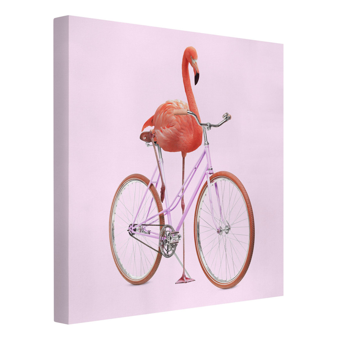 Leinwandbild Flamingo mit Fahrrad von Jonas Loose