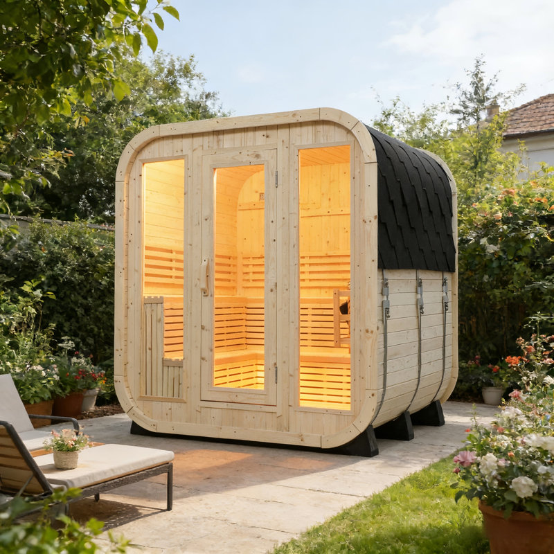 Outdoor Traditional Steam Sauna For 4-6 People, White Pine Square Sauna Room With Tempered Glass Door, Weatherproof Roof