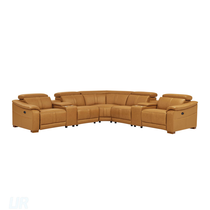 Canapé modulaire en cuir avec siège inclinable, appui-tête réglable et console de rangement avec porte-gobelets