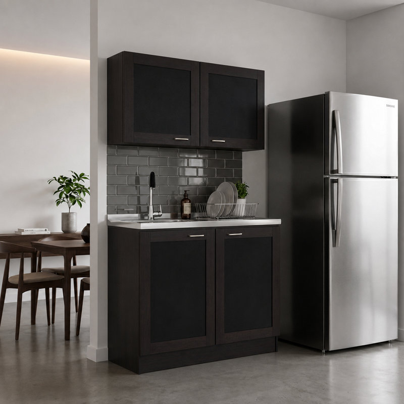 Ashura 39.3" W Manufactured Wood 2-Piece Kitchen Cabinet Set with Sink Base and Wall Cabinet- Wenge, Wenge and Black