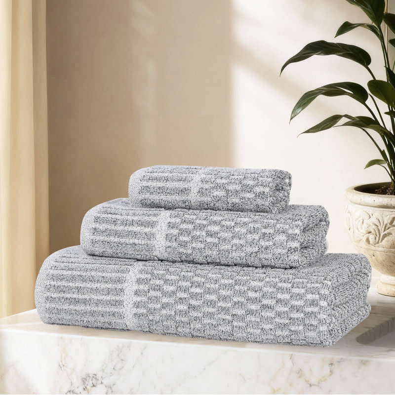 Blue Nile Mills  Viscose Cotton Blend Towel Set - Checkered Texture - Quick-Dry, Fade-Resistant, Charcoal