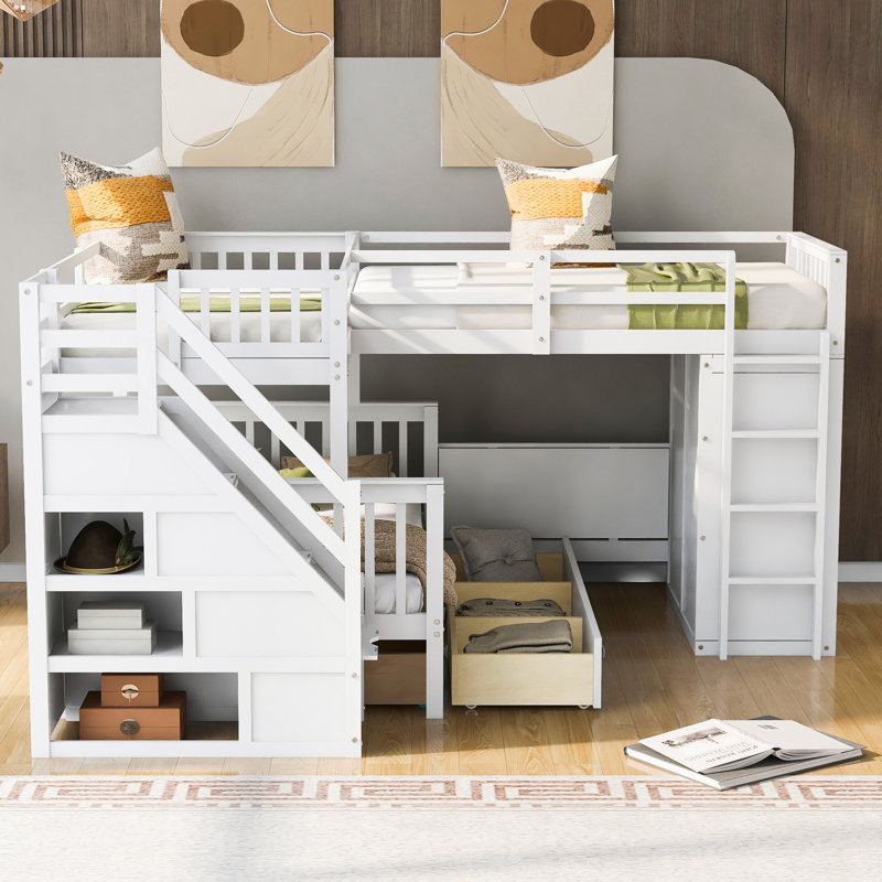 Lit superposé simple en L avec 3 tiroirs, bureau portable et garde-robe, Blanc