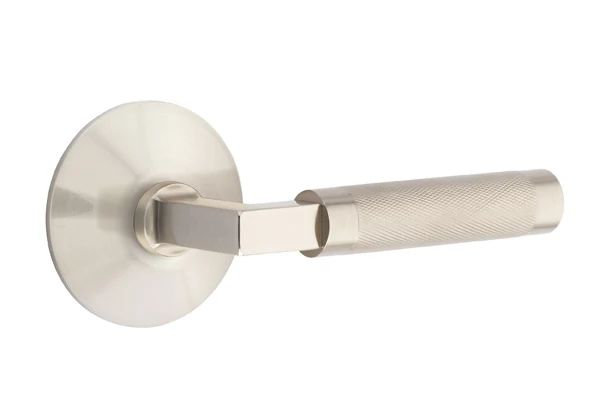 Mortaise intérieure Emtek Select avec rosette moderne et tige carrée en L, levier moleté, Gauche, Nickel satiné