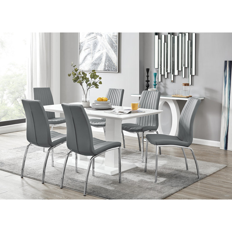 Edzard Double Pedestal High Gloss Dining Table Set with 6 Soft Touch Faux Leather Dining Chairs, Elephant Grey