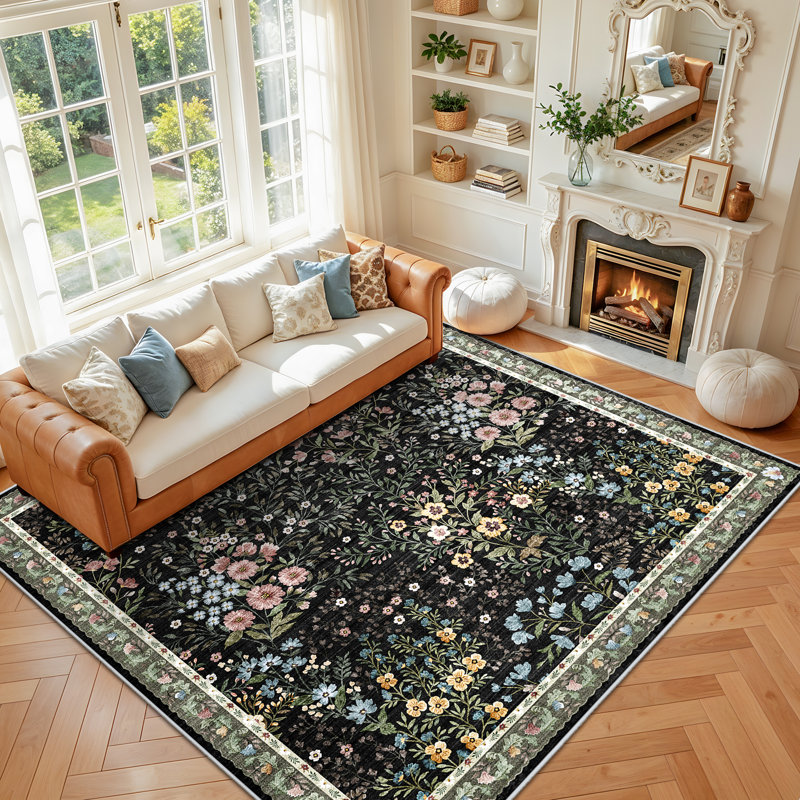 Tapis lavables à motifs floraux (8 carrés) : Tapis imprimé fleuri style bohème mignon antidérapant à poils courts pour salon, chambre, cuisine, bureau, entrée, couloir, style champêtre