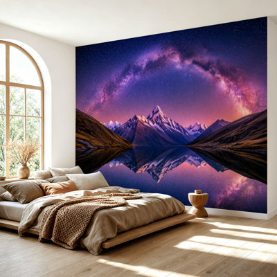 Papier peint auto-adhésif Milky Way Snowy Mountains Lake Night Landscape